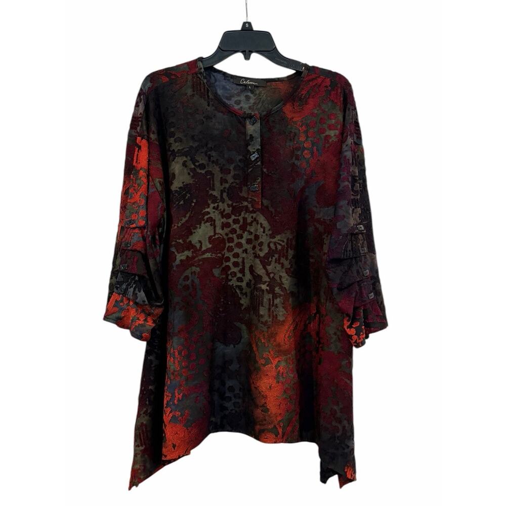 Calessa Multicolor Womens L Dark Velvet Burnout Tunic Top Artsy Boho Buttons